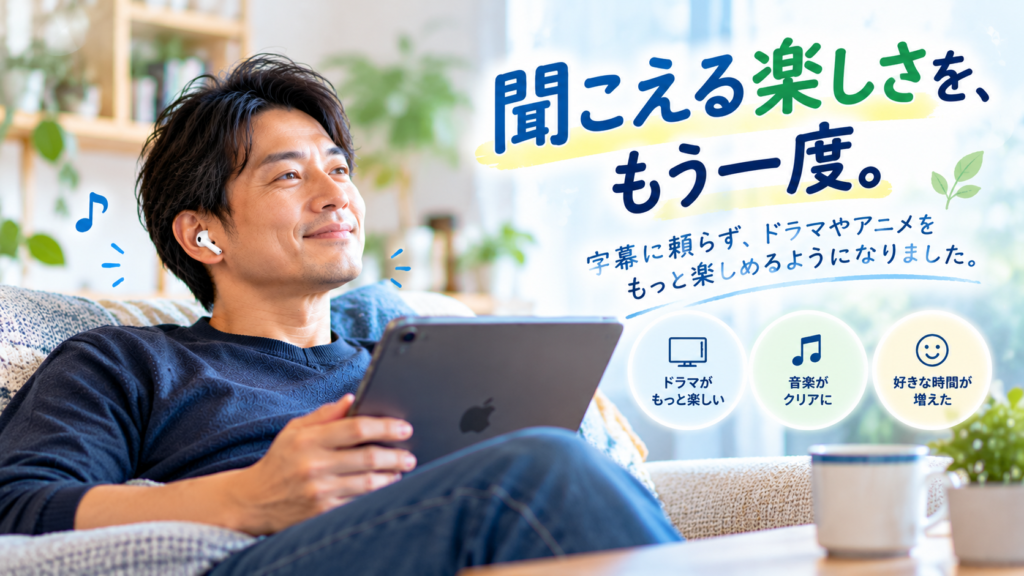 AirPods Pro 3を装着してiPadでドラマを楽しむ男性と「聞こえる楽しさを、もう一度。」のメッセージ