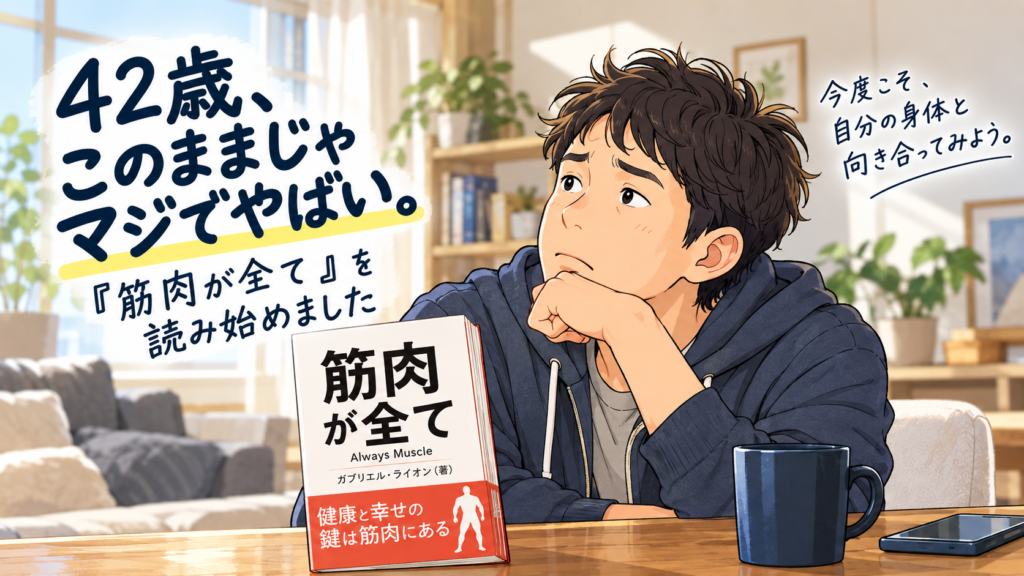 42歳男性が書籍『筋肉が全て』をきっかけに体力低下と健康について考えるイラスト