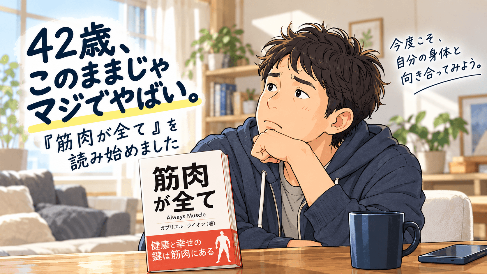 42歳男性が書籍『筋肉が全て』をきっかけに体力低下と健康について考えるイラスト